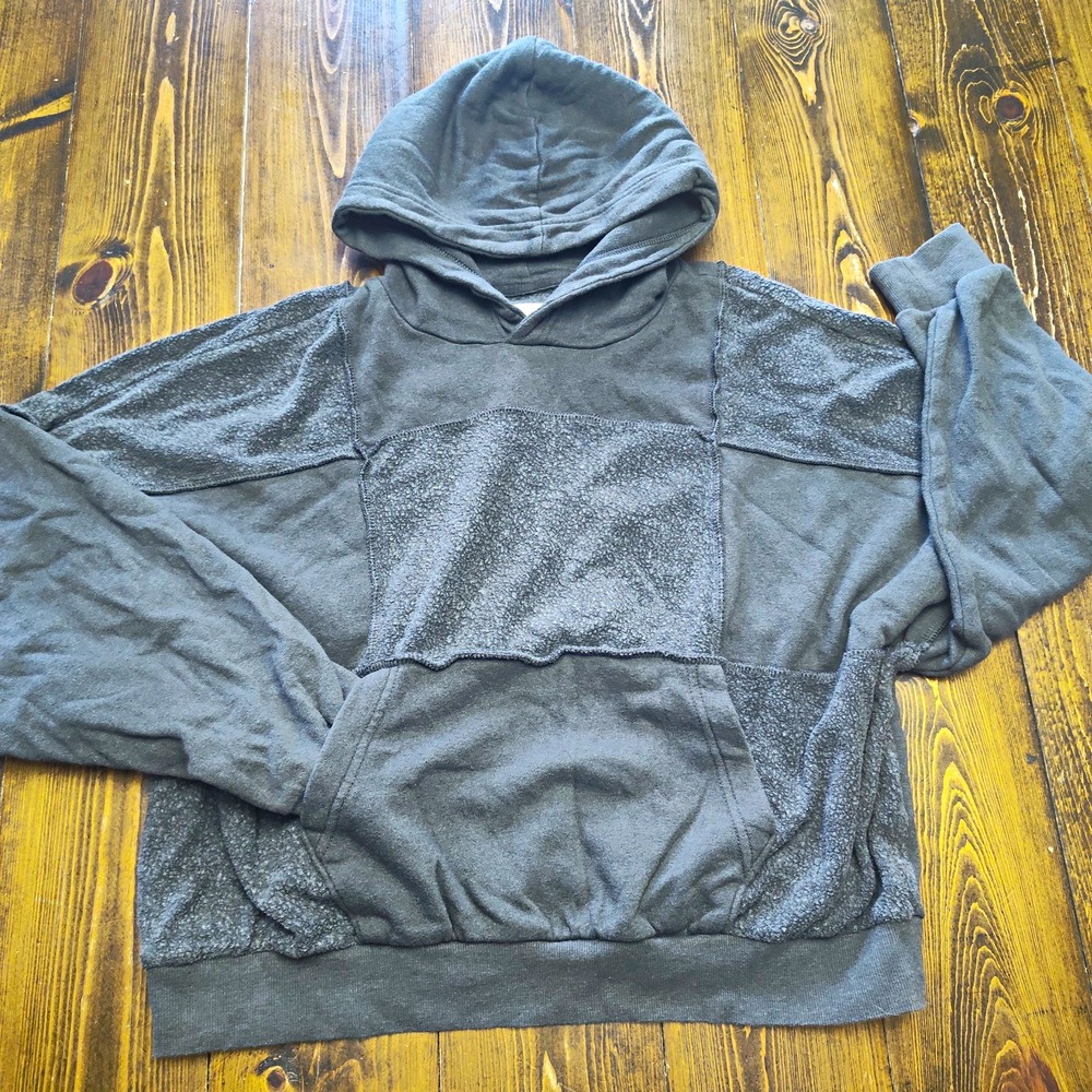 Aerie Sherpa Patchwork Hoodie Pullover Size Small Oversized Gray Pockets Comfy